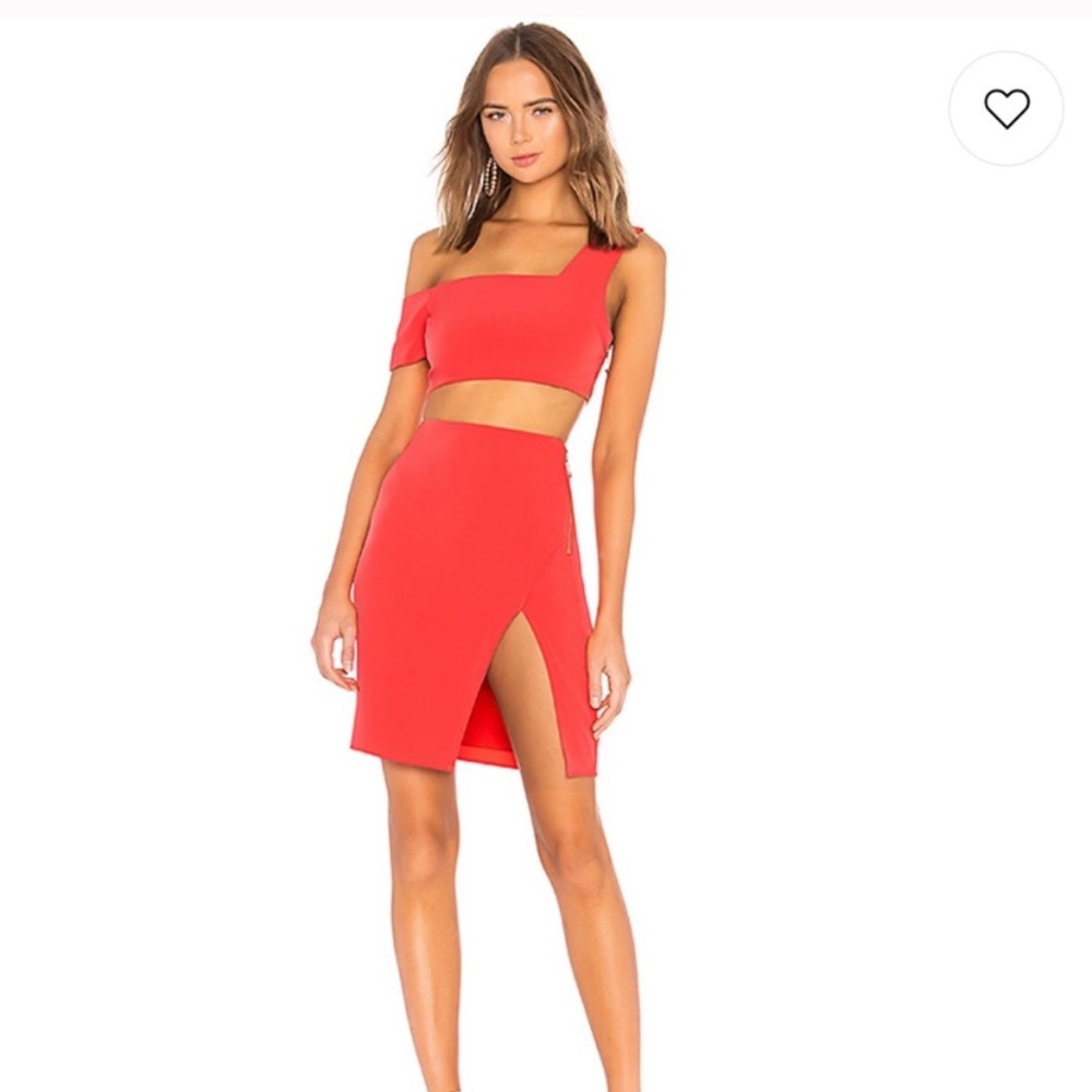 NBD Coral Red Two-Piece Asymmetric Crop Top & Slit Skirt